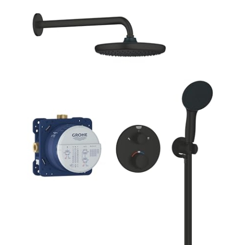 GROHE Precision 250, Unterputz Duschsystem (25cm Regendusche mit Thermostat, Kopfbrause 1 Strahlart, Duschkopf 2 Strahlarten, Komplettset, 1,50m Duschschlauch), rund, schwarz, 348832430