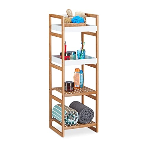 Relaxdays Standregal mit 4 Fächern, offenes Küchenregal aus Bambus, Badezimmerregal HBT: 110x36x33 cm, Holz-Optik, weiß