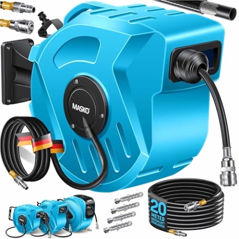 MASKO® 20m Druckluftschlauch Aufroller automatisch 1/4" Anschluss - Schlauchtrommel Wandschlauchhalter Schlauchaufroller trommel Blau