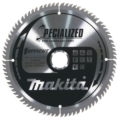 Makita E-08919 EFFICUT Kreissägeblatt Ø 216 x 2,0 x 30 mm, 80 Zähne, 10° Zahnwinkel, für saubere und schnelle Schitte in Holz, für Akku-Kapp- und Gehrungssägen