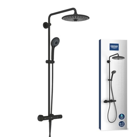 GROHE Vitalio Joy 260 - Duschsystem mit Thermostat (wassersparend, 3 Strahlarten, höhenverstellbar, Verbrühschutz), phantom black, 26403KF2