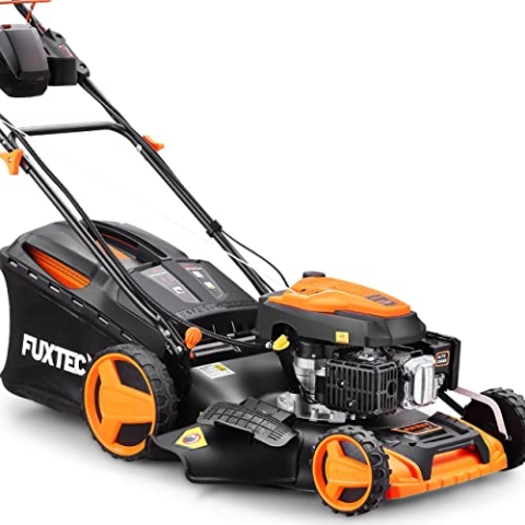FUXTEC 4in1 Benzin Rasenmäher FX-RM5196eS mit ZIPGO-Motor, Gartenmäher inkl. Seitenauswurf-Funktion, 51 cm Schnittbreite, 4-Takt mit Hinterradantrieb, kugelgelagerte Big Wheel Räder, 60L Grasfangkorb