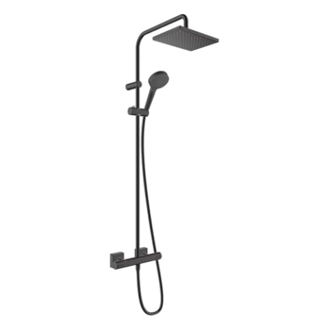hansgrohe wassersparendes Duschsystem Vernis Shape, Brausekopfgröße 230 x 170 mm, Duschset mit/inkl. Thermostat, Duschkopf, (Dusch-)Schlauch, Brausestange, Regendusche mit 1 Strahlart, Mattschwarz