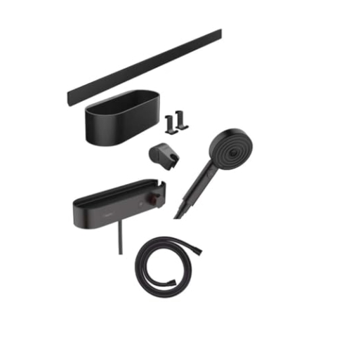 hansgrohe WallStoris - Badezimmer Set, Zubehör Set für das Bad, 7-teilig, mit Duschkopf wassersparend, Duschthermostat und Bad-Accessoires, Badezimmer Zubehör, Mattschwarz, 24250670