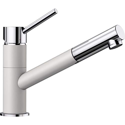 BLANCO KANO-S | Küchenarmatur in silgranitweiß/chrom | Hochdruck | Mit herausziehbarem Schlauch | Rückflussverhinderer | Keramik Kartusche | Gesicherte Wasserqualität & wassersparend