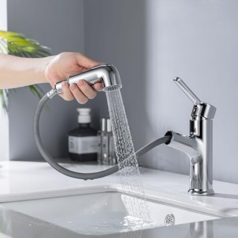 ONECE Waschtischarmatur mit herausziehbarer Brause, Wasserhahn Bad ausziehbar mit 2 Strahlarten, Badarmatur aus Messing, Mischbatterie Waschbecken Armatur für Badezimmer, Chrom