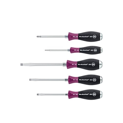Wiha Schraubendreher Set MicroFinish® Schlitz, Pozidriv mit durchgehender Sechskantklinge und massiver Stahlkappe 5-tlg. (29139), für ölige und feuchte Anwendungen, optimaler Halt mit nassen Händen dank Oberflächenstruktur, für gezielte Hammersc