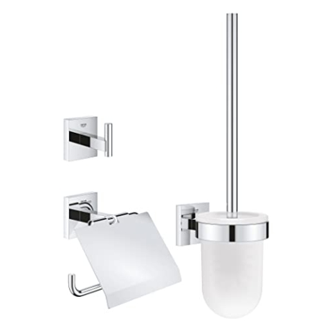 GROHE Start Cube, Toilettenset 3in1 ohne Bohren (Toilettenbürste mit Halterung, Toilettenpapierhalter, Handtuchhalter, Kleben oder Bohren, inkl. Schrauben & Dübel, ohne Kleber), chrom, 41123000
