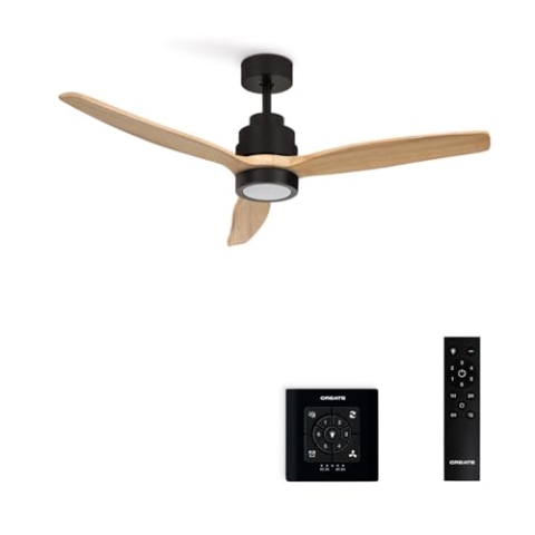 CREATE / WINDSTYLANCE/Deckenventilator Schwarz Naturholzflügel mit Beleuchtung, Wandschalter und Fernbedienung / 40W, Leise, Ø132 cm, 6 Geschwindigkeiten, Timer, Sommer-Winterbetrieb, doppelte Höhe