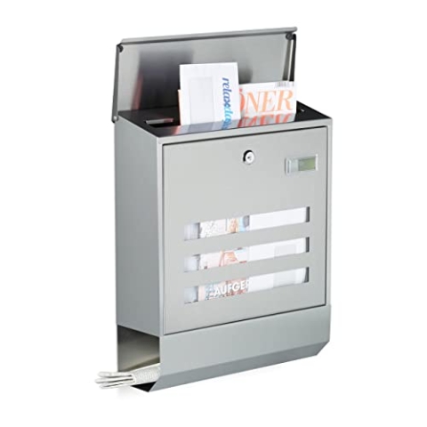Relaxdays Briefkasten Edelstahl mit Zeitungsfach, Namensschild, HxBxT: 42 x 35 x 12,5 cm, Postkasten, Design, silber