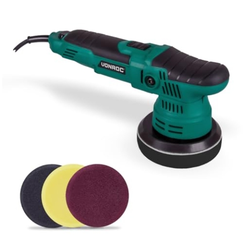 VONROC Exzenter Poliermaschine Auto Set elektrisch - Auto Zubehör Politur zum Kratzer entfernen, Autopflege Set - Variable Geschwindigkeit, 650W, 150MM inkl. 4xPolierschwamm