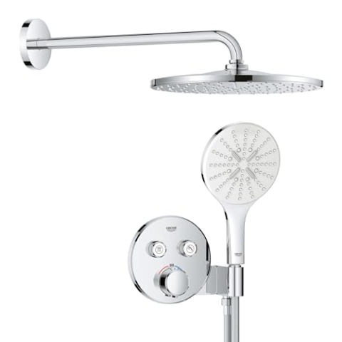 GROHE Precision SmartControl 310, Unterputz Duschsystem (31cm Regendusche mit Thermostat, Kopfbrause 1 Strahlart, Duschkopf mit 3 Strahlarten, Komplettset, 1,50m Duschschlauch), rund, chom, 34877000