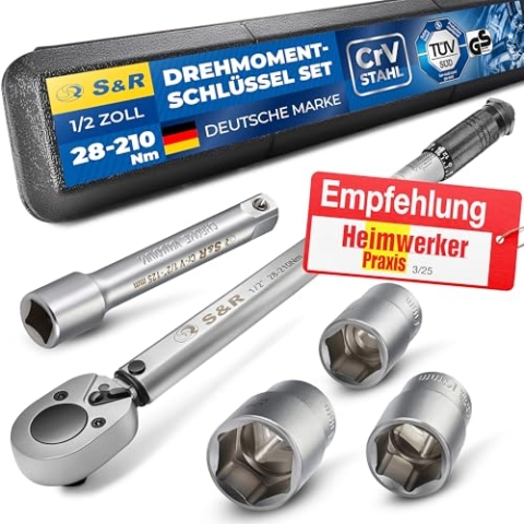 S&R Drehmomentschlüssel 28-210 Nm Set, 1/2" Drehmoment-Schlüssel 475 mm, Verlängerung 125 mm, 3 Stecknüsse 17, 19, 21 mm; Kfz Reifenschlüssel Auto TÜV geprüft GS bruchfest Nüsse