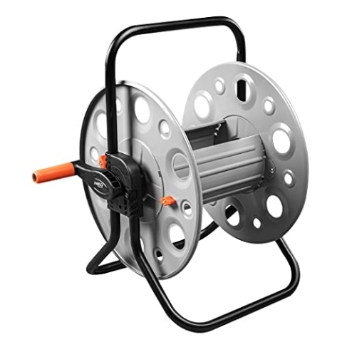 NEO TOOLS Schlauchtrommel bis 100 m Gartenschlauch (1/2") - Grau/Orange Schlauchhalter aus aus Metall | Verhindert Schlauchknicken, Stabil und Langlebig