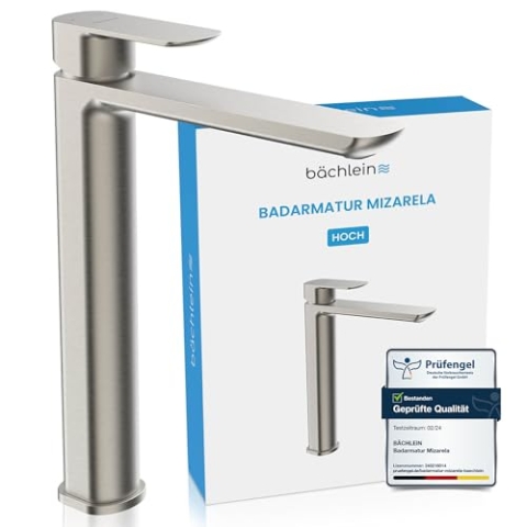 Bächlein Badarmatur Mizarela hoch in klassischem Design, Einhebelmischer für Aufsatzwaschbecken mit langlebiger Keramikkartusche und Montage-Set, Bad Wasserhahn Edelstahl gebürstet - flacher Auslauf