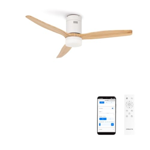CREATE / WINDCALM/Deckenventilator mit Beleuchtung Weiß Hellesholzflügel mit WLAN und Fernbedienung/Leise, 40W, Ø132cm, ABS, 6 Geschwindigkeiten, Timer von 1 bis 4 Std., Sommer-Winterbetrieb