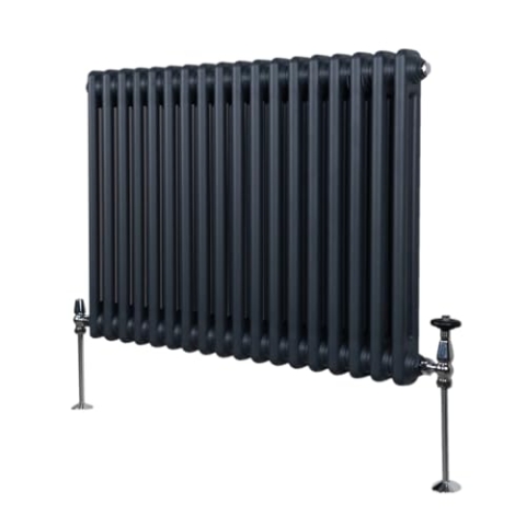 Traditioneller 2-Spalten-Heizkörper 600 x 832mm | Horizontaler Wandheizkörper | Matt Anthrazit Grau Kohlenstoffstahl | Wohn- Badezimmer Küche [Inkl. Reinigungsbürste, Befestigungsset & Halterungen]