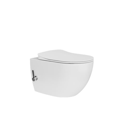 Furni24 Spülrandloses Wand-WC mit Toilettendeckel, integrierten Ventil Hänge Dusch Wc Taharet Bidet Taharat Intimdusche inkl. Slim Soft-Close Deckel, Hänge-WC, Bautiefe ist 50cm, weiß