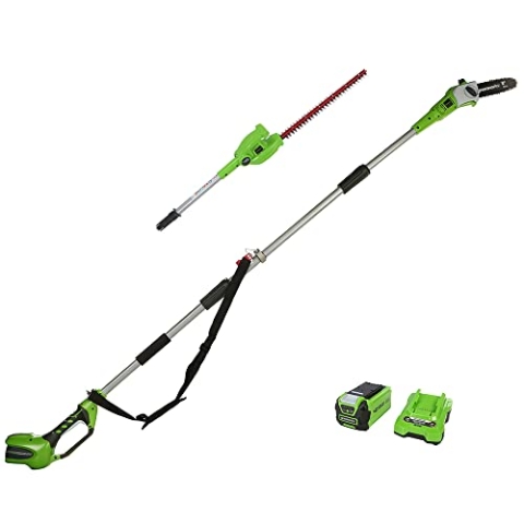Greenworks G40PSHK2 2-in-1 Akku Stabheckenschere & Akku Hochentaster mit Schultergurt, Astsäge 20 cm Klinge, Heckenschere 51 cm Doppelklingen, 40V 2Ah Akku & Ladegerät, 3 Jahre Garantie