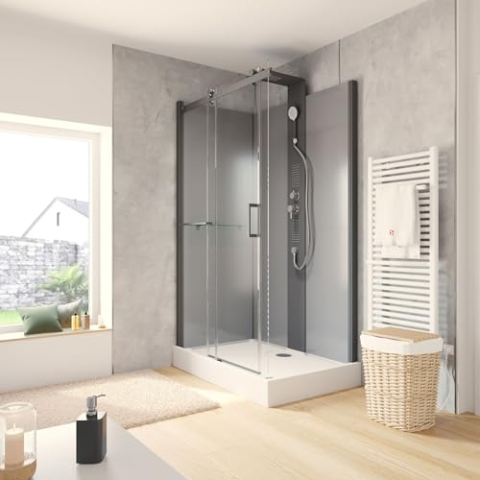 Schulte Wellnesskabine Korsika, 120 x 80 cm, 6 mm Sicherheits-Glas klar hell, Profile schwarz, Rückwände grau, Duschwanne weiß, EP581123