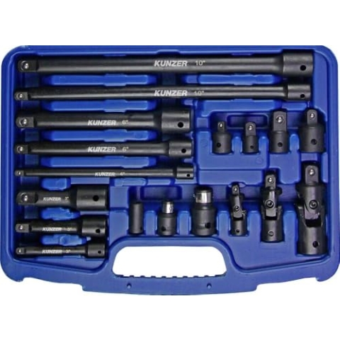 Kunzer 7VAS18 Verlängerungs- und Adaptersatz - Set 18-teilig - mit Kreuz-Gelenken und Bit-Adaptern im blauen Koffer