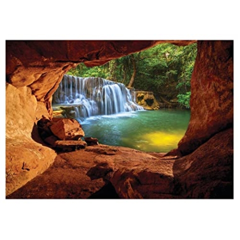 Fototapete 3D EFFEKT Wasserfall Wald Schlucht Höhle Wohnzimmer Schlafzimmer Vlies Tapete inklusive Kleister Wandtapete UV-Beständig Montagefertig (416x254 cm - 4 Bahnen)