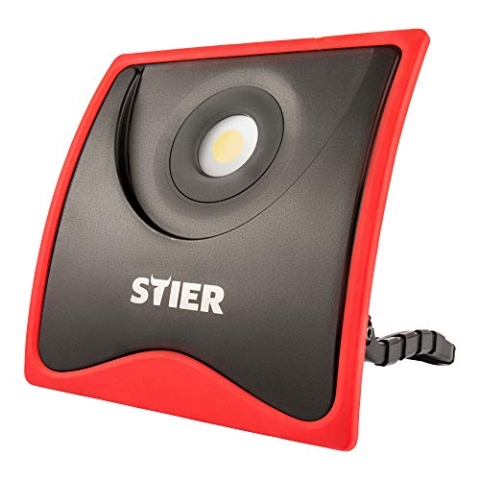 STIER COB LED Baustrahler, 5500 Lumen, 55W, Baulampe mit flexiblem Standfuß und 2 SchuKo Steckdosen und Aluminiumgehäuse, Baustellenlampe mit Überpsannungsschutz