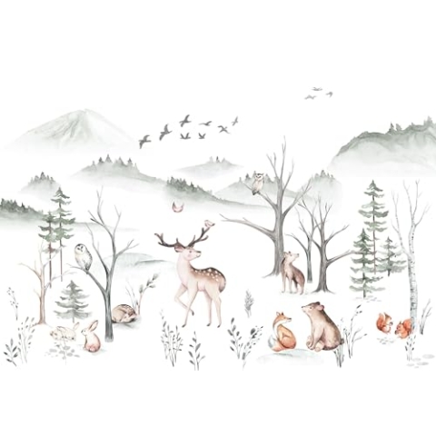 Komar Vlies Fototapete - Cozy Woods - Größe: 400 x 280 cm (Breite x Höhe) - Tiere, Wald, Waldtier, Kindertapete, Kinderzimmer, Tapete - IAX8-0034