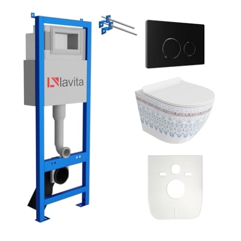 Lavita LAV 101 Vorwandelement für WC 40cm + Wand Hänge Tiefspül WC SOFI SLIM FOLKLOR Spülrandlos + Bedienplatte LAV 200.4.4 Schwarz | Komplettset | Unterputz Spülkasten | Toilette Komplett Sett