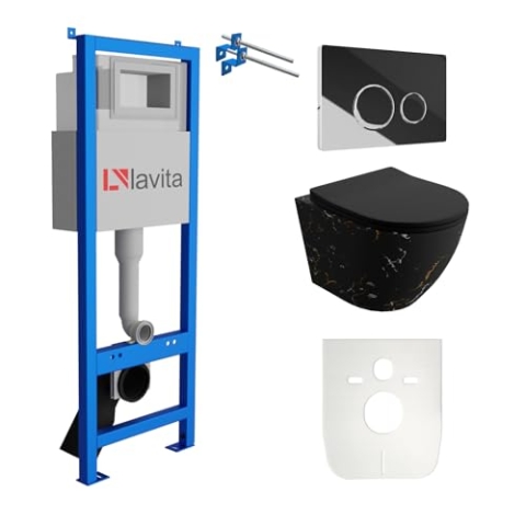 Lavita LAV 101 Vorwandelement für WC 40cm + Wand Hänge Tiefspül WC SOFI SLIM FIRE Schwarz Spülrandlos + Bedienplatte LAV 200.4.2 Verchromt | Komplettset | Unterputz Spülkasten | Toilette Komplett Sett