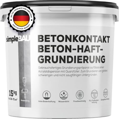 simpleBAU - Grundierung Betonkontakt 15kg, Gebrauchsfertige und Stark Haftende Beton Grundierung, Quarzkornbasis, Frostbeständige und Wasserdicht Haftgrundierung für Beton