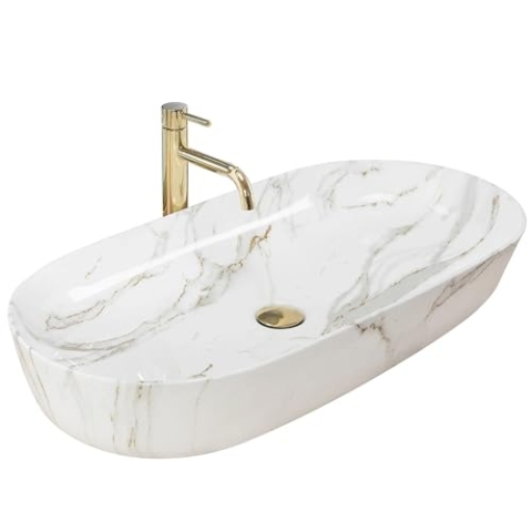 Rea Waschbecken Waschtisch Aufsatzwaschbecken Keramik Handwaschbecken Aufsatz Waschschale Oval 14x40x80 Marmor