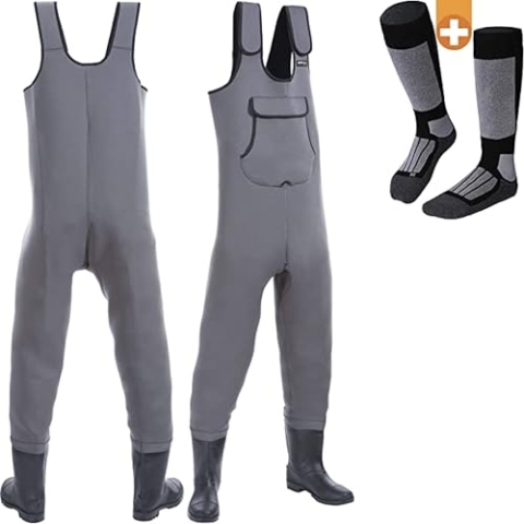 wasserdichte, Atmungsaktive Neopren Wathose Mit Gummi Stiefel – Perfekt Als Fischerhose/Watthose/Watthosen Für Herren +Plus: 1X Thermo-Socken