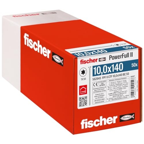 fischer PowerFull II 10,0 x 140, Premium Vollgewindeschraube (50 Stk.) mit innovativer Spitzengeometrie, Stahlschraube für tragende Holzkonstruktionen mit Senkkopf, vermindert Spaltrisiko
