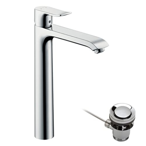hansgrohe Waschtischarmatur Metris, Wasserhahn Bad mit Auslauf Höhe 260 mm, mit Zugstange, Badarmatur wassersparend, Chrom