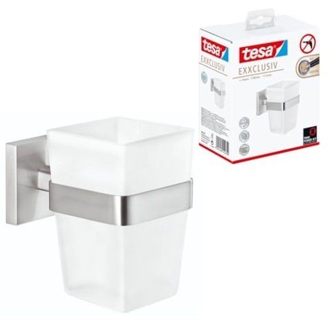 tesa EXXCLUSIV Zahnputzbecher mit Halterung - Becher aus Milchglas, verchromte Wandhalterung - zur Wandbefestigung ohne Bohren - 70mm x 100mm x 113mm