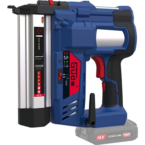 Güde Akku Klammergerät u. Nagler KN 18-0 (18V, Stiftstärke: 1 mm, max. Länge des Nagels: 50 mm, Schüsse/Minute: 80 Stk., Magazinanzeige, LED-Licht, Softgrip & Gürtelclip, ohne Akkupack und Ladegerät)