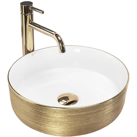Rea Aufsatzwaschbecken Sami White Brush Gold Waschtisch Handwaschbecken Waschschale Waschbecken für Badezimmer aus hochwertiger Keramik 360 mm x 360 mm x 115 mm (Gold/weiß)