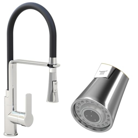 Granitan VEGAS Mischbatterie Küche - Küchenarmaturen aus Messig mit Brause Schwenkbarer - Ausziehbar ⌀35mm - Wasserhahn mit Schlauch mit Zwei Sprühfunktionen - Chrom