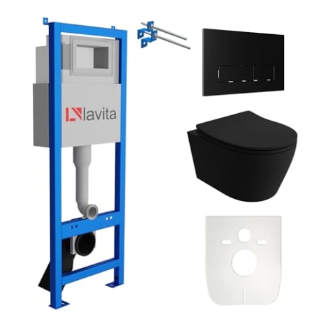 Lavita LAV 101 Vorwandelement für WC 40cm + Wand Hänge Tiefspül WC PRAIA Schwarz Spülrandlos + Bedienplatte LAV 200.3.4 Schwarz | Komplettset | Unterputz Spülkasten | Toilette Komplett Sett