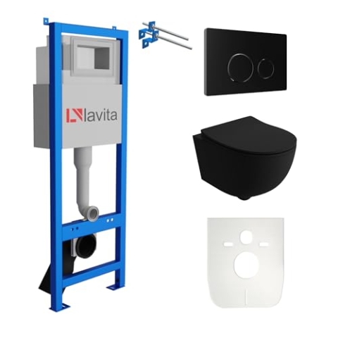 Lavita LAV 101 Vorwandelement für WC 40cm + Wand Hänge Tiefspül WC BRAVA Schwarz Spülrandlos + Bedienplatte LAV 200.4.4 Schwarz | wc sitz, Komplettset | Unterputz Spülkasten | Toilette Komplett Sett