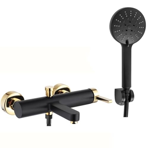 Rea Badewannenarmatur POLO BLACK GOLD Wasserhahn Badewanne Einhebel Wannenarmatur mit Handbrause Badarmatur aus Messing Mischbatterie Wandmontage (Schwarz/Gold)