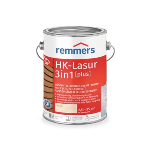 Remmers HK-Lasur 3in1 [plus] weiß, matt, 2,5 Liter, Lösemittelreduzierte Premium-Holzschutz-Lasur für außen, 3in1, schnelltrocknend, langlebig