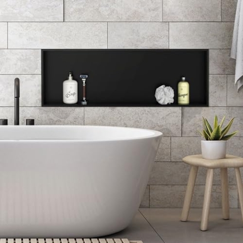 LuxeBath Wandnische aus Edelstahl, 90x30x10 cm, Schwarz, Duschnische mit Rahmen, Einbauregal, Flexibler Einbau, Befliesbare Nische für Badutensilien, Duschablage, Einzelregal Lagerung für Badezimmer
