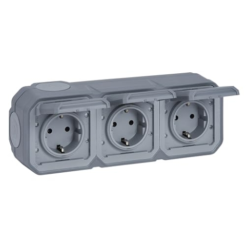 LEGRAND, Plexo New Feuchtraum-Steckdose, 3-fach, Schuko-Standard, inklusive Klappdeckel, Berührungsschutz, Steckklemmen, vorverdrahtet, horizontal, IP44 - IK07, Farbe: Grau, 069743L