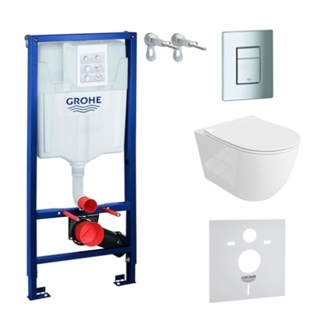Lavita Vorwandelement Solido + Wand Hänge WC Sinto Grande Weiß Spülrandlos + WC Sitz mit Absenkautomatik Verchromter Knopf Komplettset Unterputz Spülkasten Toilette Komplett Sett WC