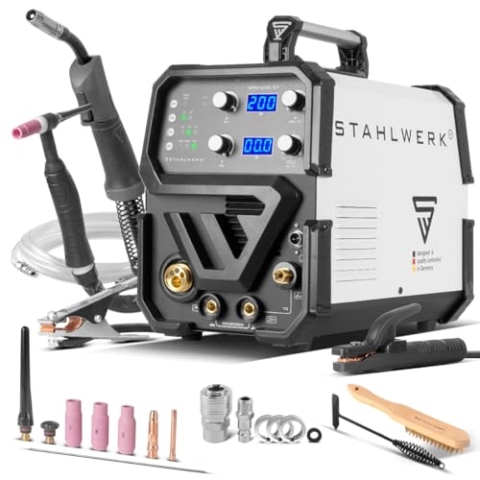 STAHLWERK Schweißgerät 3 in 1 Kombi MTM-200 ST - Inverter mit 200 A, WIG, MIG MAG, MMA, synergischer Drahtvorschub, 4-Rollen-Antrieb, HF-Zündung, Fülldraht geeignet, für Stahl & Dünnblech