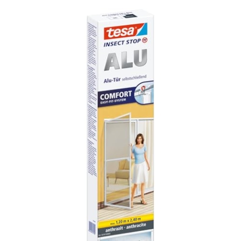 tesa Insect Stop ALU COMFORT Fliegengitter für Türen XL - Insektengitter mit Aluminium-Rahmen & Clear View - Tür Insektenschutz - Anthrazit, 120 cm x 240 cm