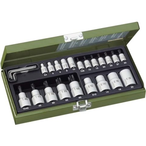 Proxxon 23102 TX-Steckschlüssel Spezialsatz Innen- und Außen Torx mit 6,3mm (1/4") & 12,5mm (1/2") Antrieb TX8 – TX60 24teilig Werkzeug Stahlkasten