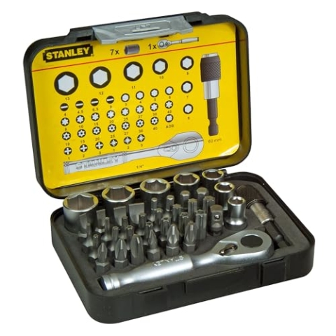 Stanley 1/4" Bit-Satz 1-13-906 (25mm, 39-teilig Set mit Mini-Umschaltknarre und Steckschlüsseln)